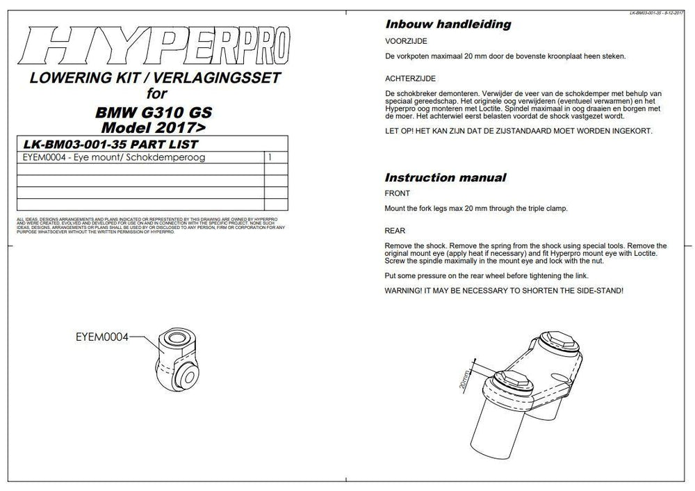 Hyperpro Lowering kit For BMW G 310 GS ABS 2017-2024 Front -35mm