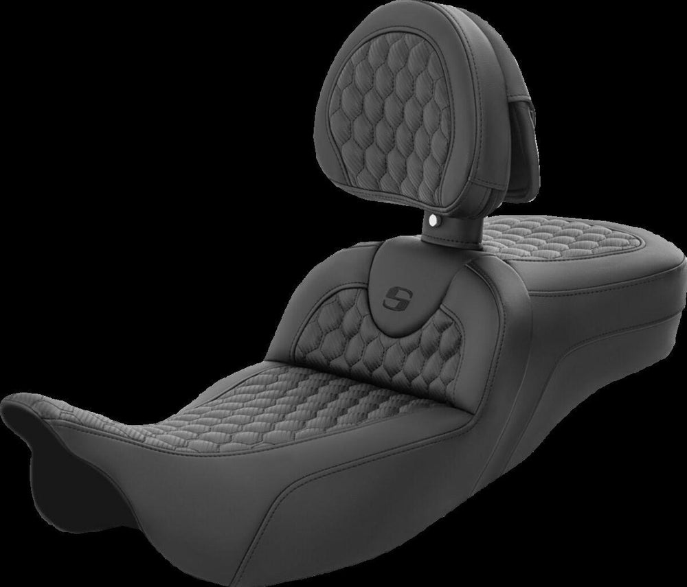 Saddlemen Honeycomb Roadsofa Seat With Backrest For Harley Davidson FLH 1868 2021 - Black (Driver Seat Length: 44.5 cm)