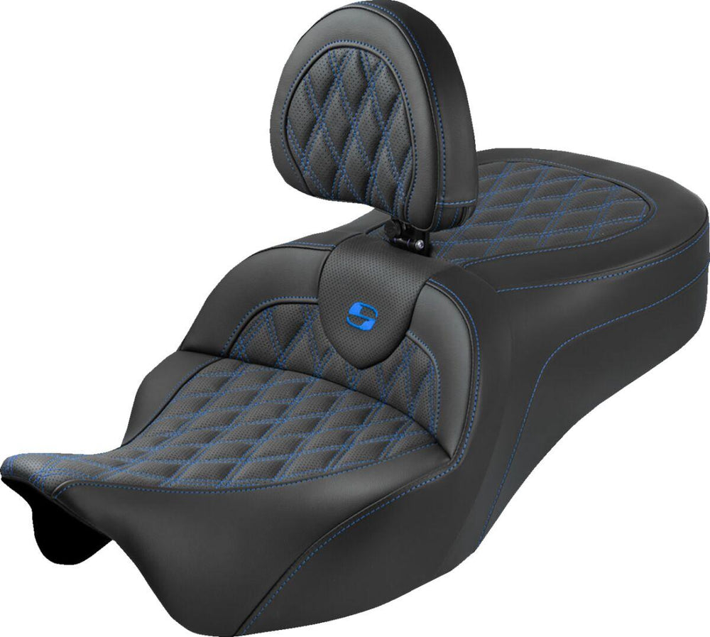 Saddlemen Roadsofa King Seat With Backrest For Harley Davidson FLH 1868 ABS 2021 Lattice Stitched - Black/Blue