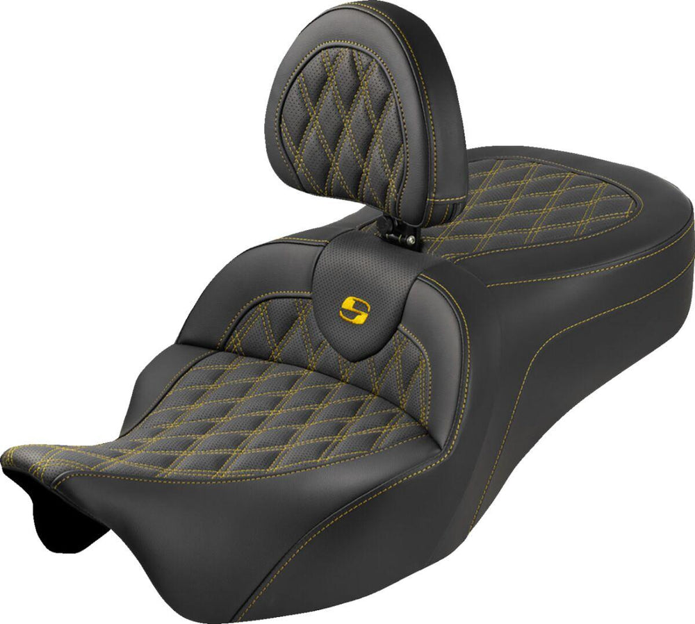 Saddlemen Roadsofa King Seat With Backrest For Harley Davidson FLH 1868 ABS 2021 Lattice Stitched - Black/Gold