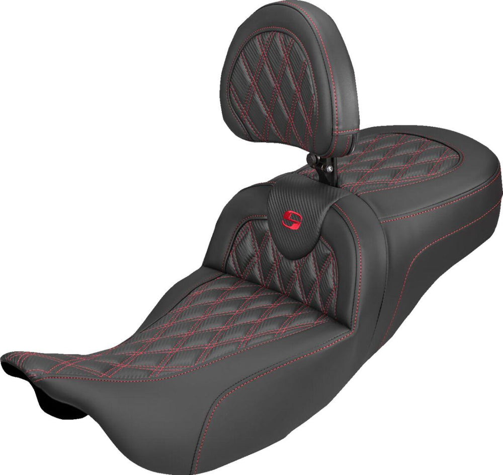 Saddlemen Roadsofa Extended Reach Carbon Fibre Seat With Driver Backrest For Harley Davidson FLH 1868 ABS 2021 - Black/Red