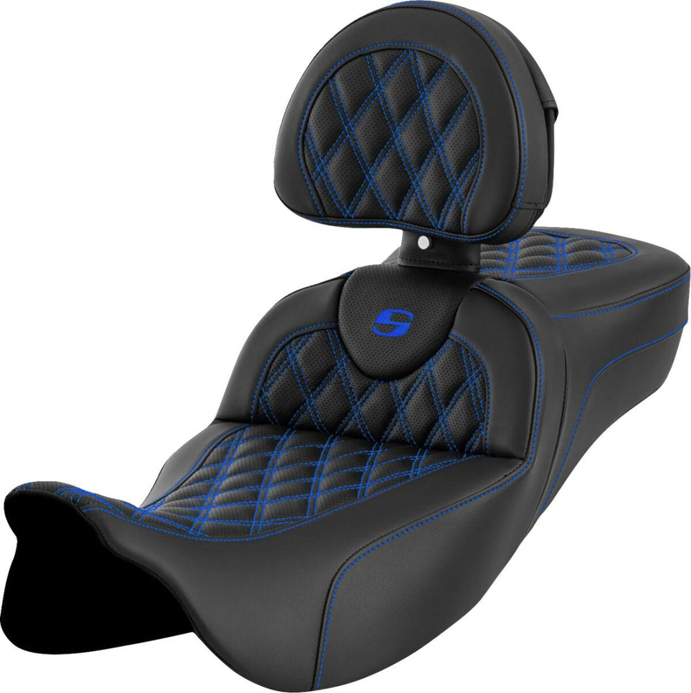 Saddlemen Roadsofa Extended Reach Seat With Backrest For Harley Davidson FLHR 1584 2008 - Black/Blue (Driver Seat Length: 42 cm)