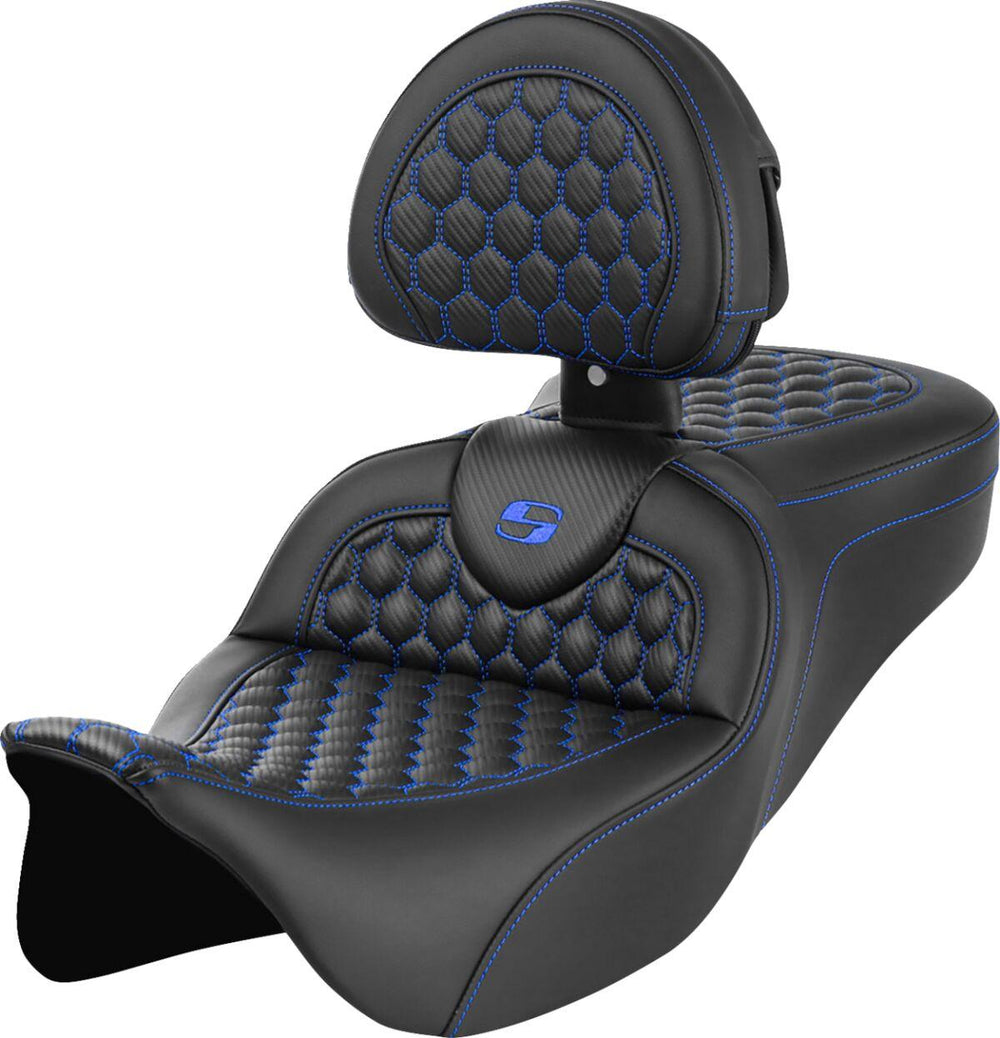 Saddlemen Honeycomb Roadsofa Seat With Backrest For Harley Davidson FLH 1868 2021 - Black/Blue (Driver Seat Length: 39.5 cm)