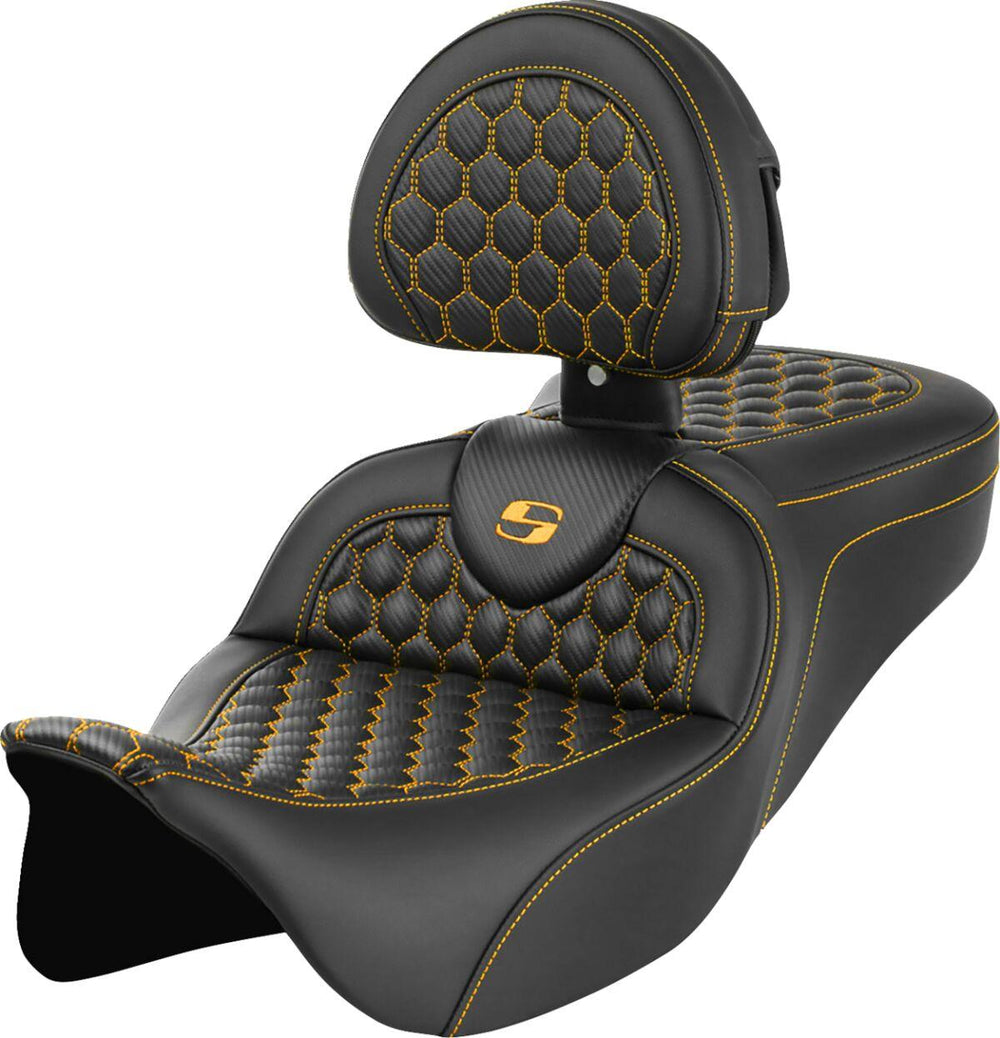 Saddlemen Honeycomb Roadsofa Seat With Backrest For Harley Davidson FLH 1868 2021 - Black/Gold (Driver Seat Length:39.5 cm)