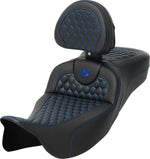 Saddlemen Honeycomb Roadsofa Seat With Backrest For Harley Davidson FLH 1868 2021 - Black/Blue (Driver Seat Length: 44.5 cm)