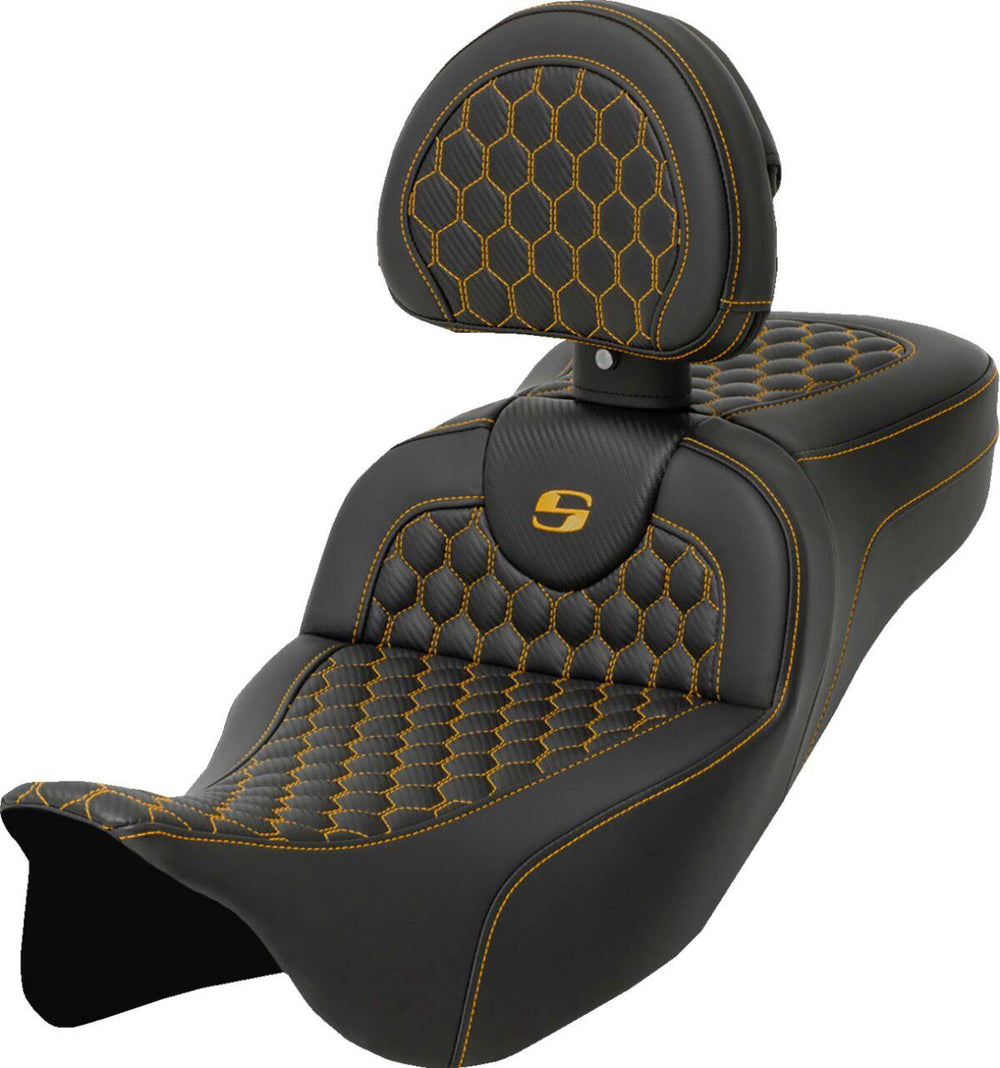 Saddlemen Honeycomb Roadsofa Seat With Backrest For Harley Davidson FLH 1868 2021 - Black/Gold (Driver Seat Length: 44.5 cm)