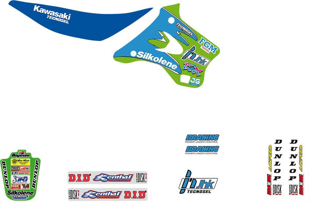 Tecnosel Graphics Kit For Kawasaki KX125 1994-1998 - Blue/Green/Multi/White