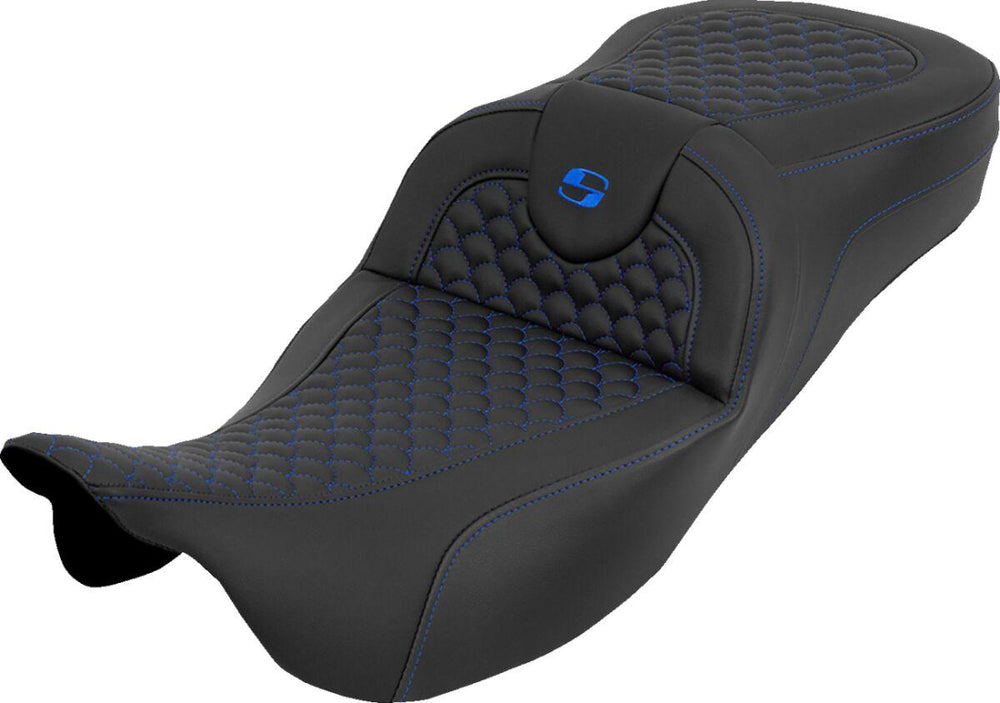 Saddlemen Extended Reach RoadSofa Seat For Harley Davidson FLH 1868 ABS 2021 Dragon Stitch - Black/Blue
