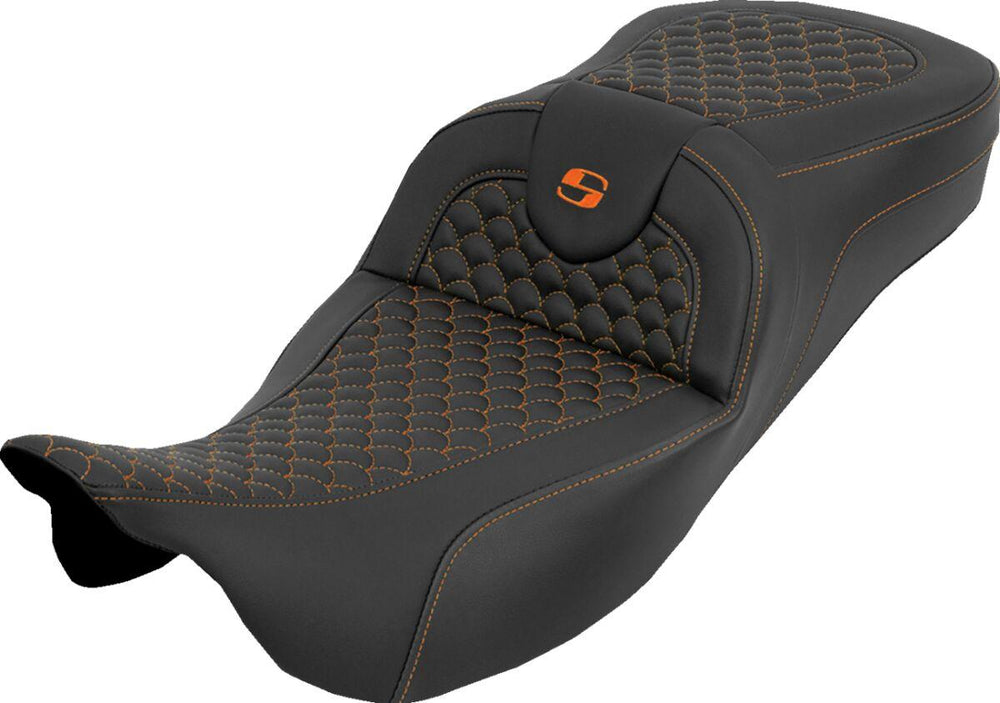 Saddlemen Extended Reach RoadSofa Seat For Harley Davidson FLH 1868 ABS 2021 Dragon Stitch - Black/Orange