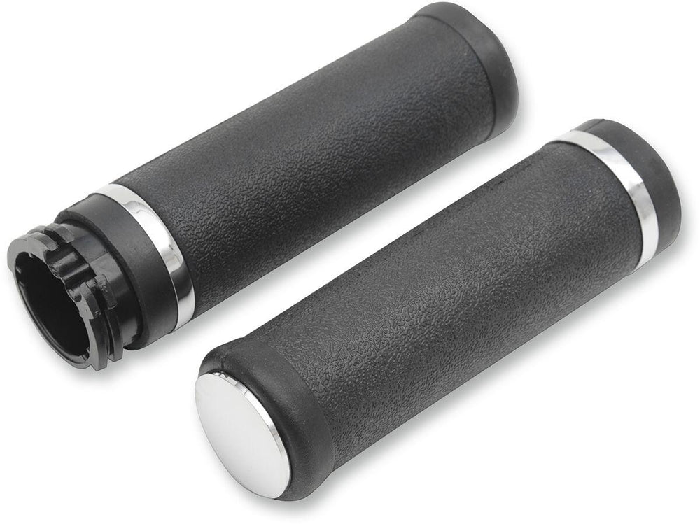 Drag Specialties Rubber Grips with Accent Rings & End Caps For Harley Davidson FL 1200 1973-1977 - Black Chrome