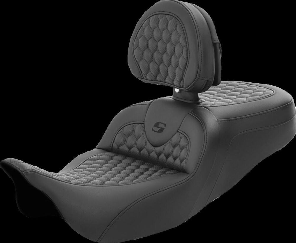 Saddlemen Honeycomb Roadsofa Seat With Backrest For Harley Davidson FLH 1868 2021 - Black (Driver Seat Length:39.5 cm)
