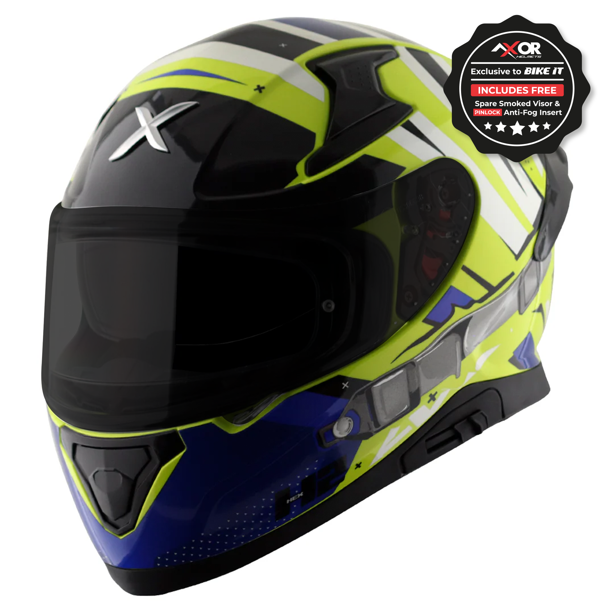 Axor Ghost Axor Apex Full Face Helmet - Hex-2 Neon Yellow Blue Gloss – Ghostbikes