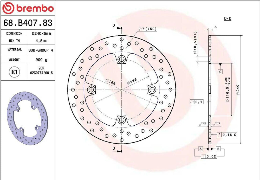 Brembo Oro Prime Line Fixed Brake Disc For Honda CB600F 2007-2012 Rear