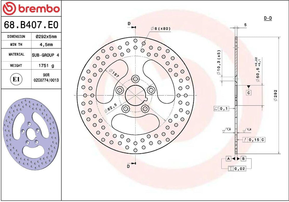 Brembo Oro Prime Line Fixed Brake Disc For Harley Davidson FLH Electra Glide 1983-1985 Rear
