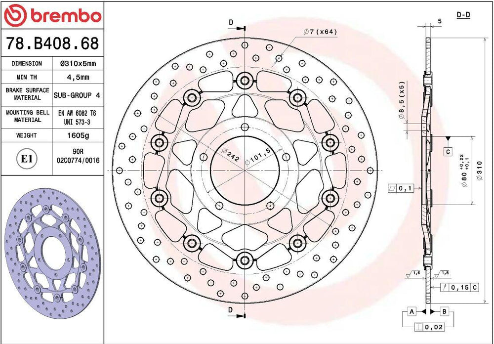 Brembo Oro Prime Line Floating Brake Disc For Mv Agusta Brutale 910 S 2006-2008 Front