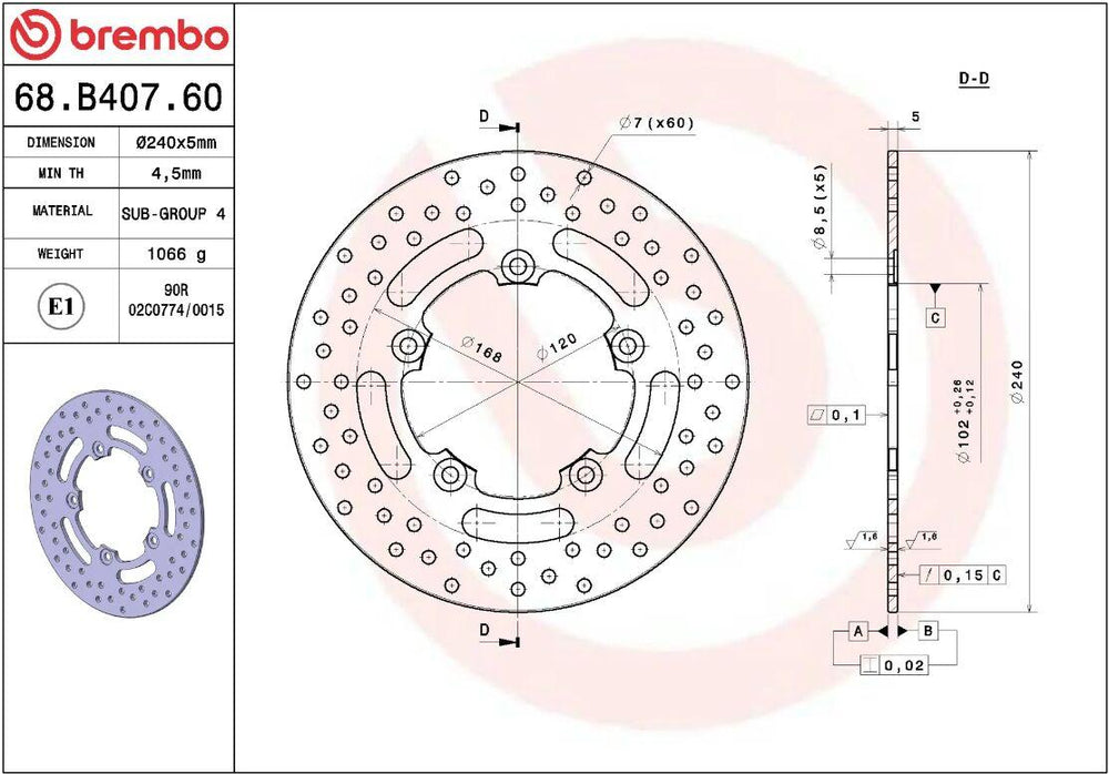 Brembo Oro Prime Line Fixed Brake Disc For Piaggio Beverly 125 I.E. 2010-2016 Rear