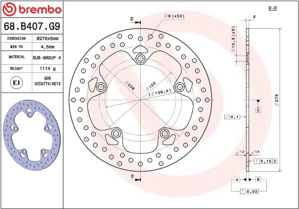 Brembo Oro Prime Line Fixed Brake Disc For BMW R 1200 GS ABS 2017-2019 Rear