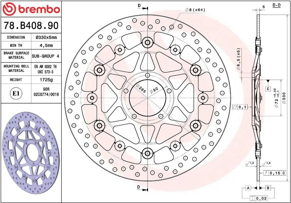 Brembo Oro Prime Line Floating Brake Disc For Ducati 1098 2007-2008 - Black/Silver/Stainless Steel