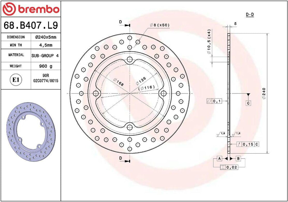 Brembo Oro Prime Line Fixed Brake Disc For Honda CB500F 2013-2021 Rear