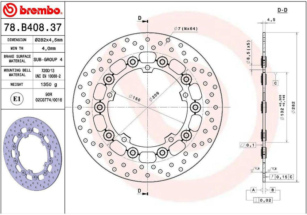 Brembo Oro Prime Line Floating Brake Disc For Yamaha MT-07 2014-2016 Front