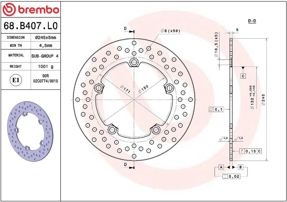 Brembo Oro Prime Line Fixed Brake Disc For Yamaha MT-07 ABS 2014-2026 Rear