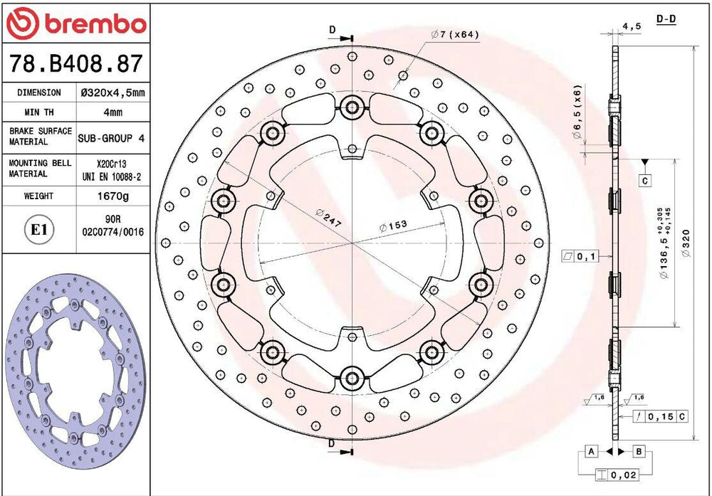 Brembo Oro Prime Line Floating Brake Disc For KTM Adventure 1050 ABS 2015-2016 Front