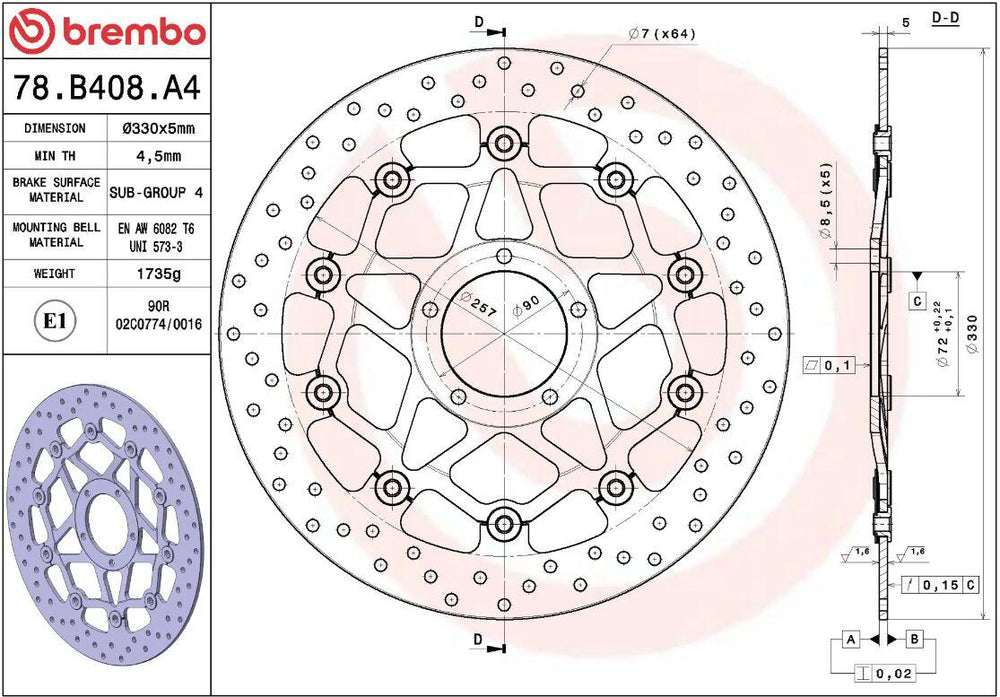 Brembo Oro Prime Line Floating Brake Disc For Ducati Monster 1200 ABS 2014-2020 Front