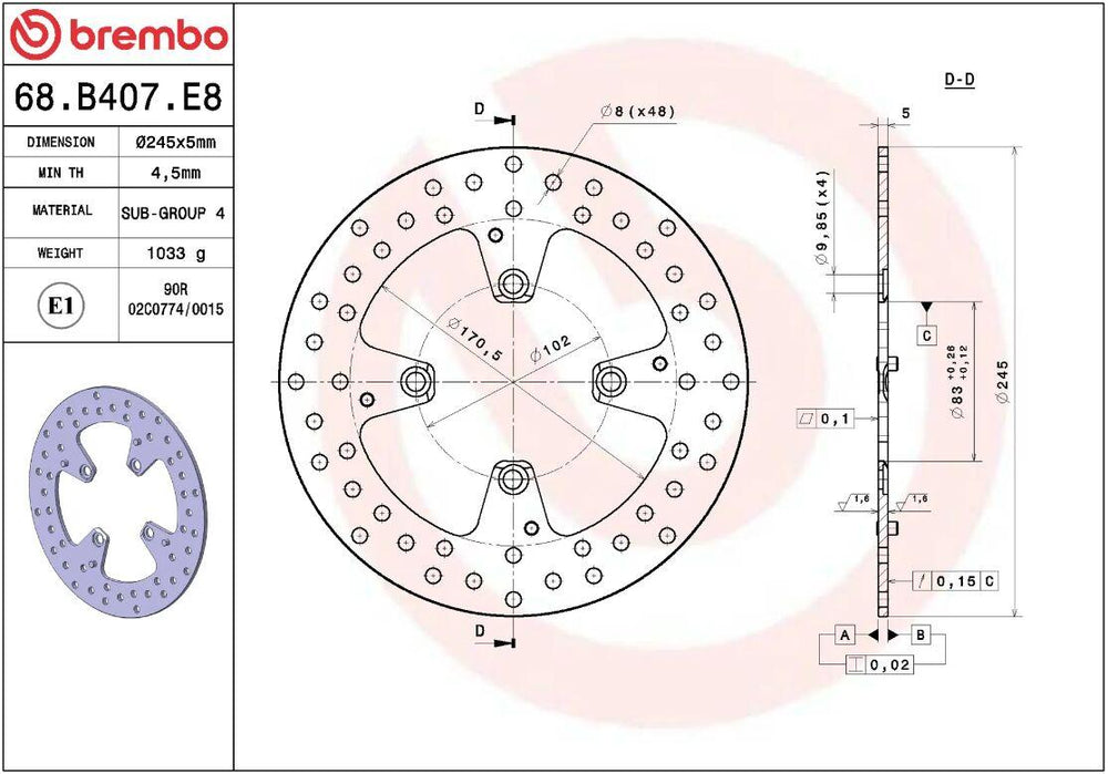 Brembo Oro Prime Line Fixed Brake Disc For Ducati 1098 2007-2008 Rear