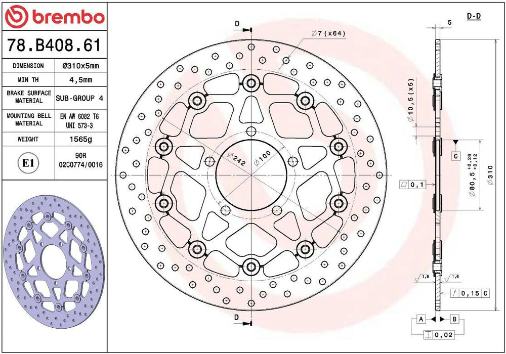 Brembo Oro Prime Line Floating Brake Disc For Kawasaki GTR 1400 2008-2011 Front