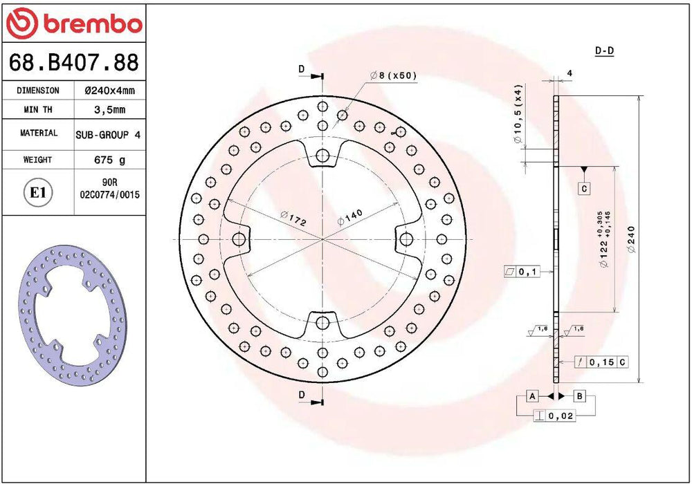 Brembo Oro Prime Line Fixed Brake Disc For Suzuki RMZ250 2007-2018 Rear