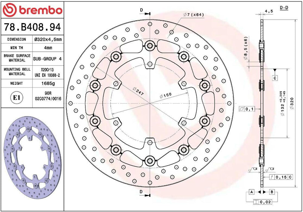 Brembo Oro Prime Line Floating Brake Disc For Yamaha FJR 1300 ABS 2003-2019 Front