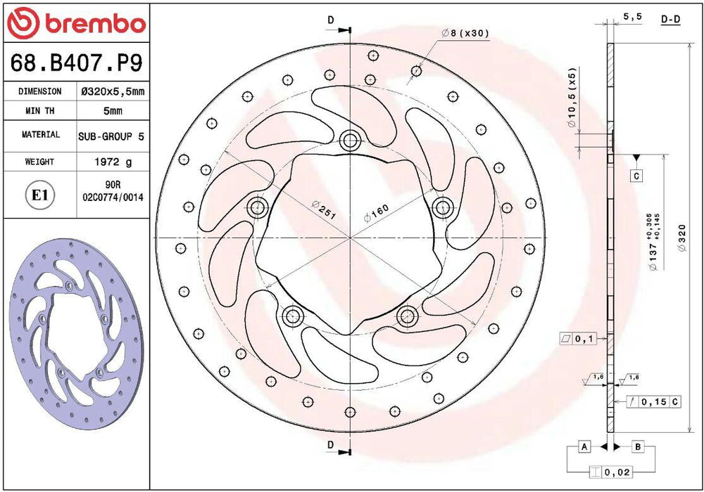 Brembo Oro Prime Line Fixed Brake Disc For BMW K 1600 GT ABS 2011-2016 Rear