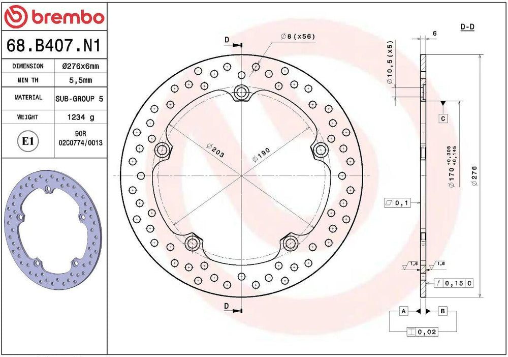 Brembo Oro Prime Line Fixed Brake Disc For Honda VFR 1200 X 2012-2019 Rear