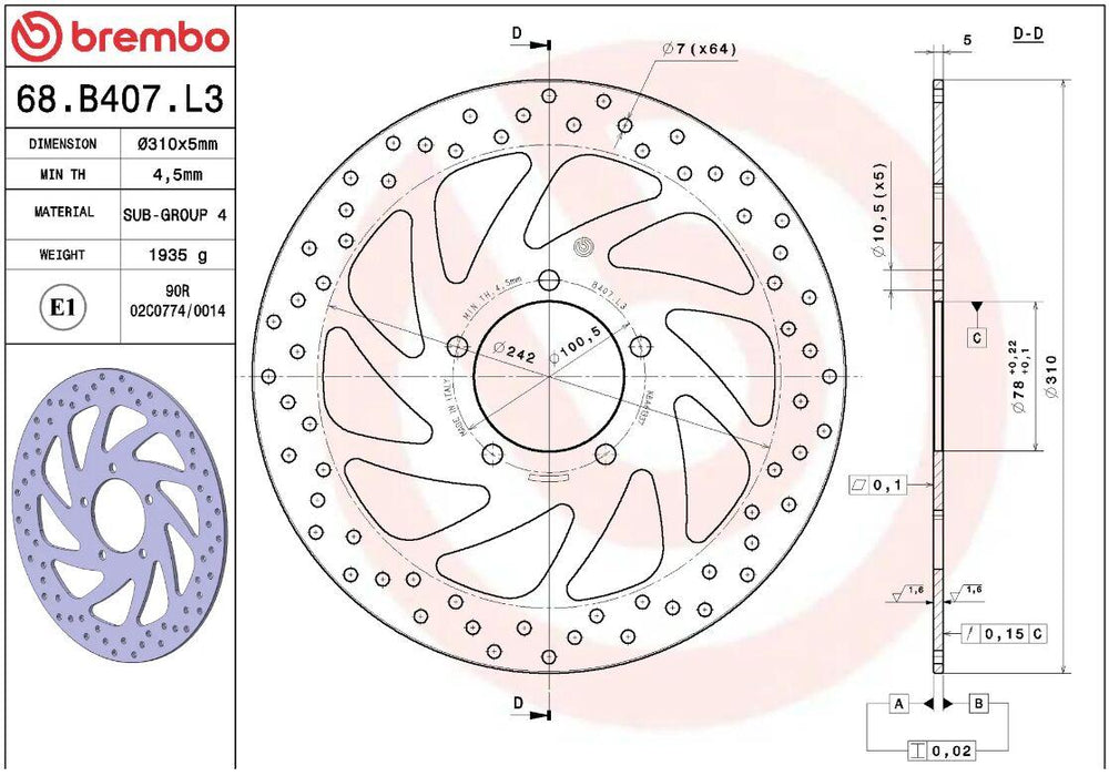 Brembo Oro Prime Line Fixed Brake Disc For Triumph Bonneville 865 2007-2011 Front