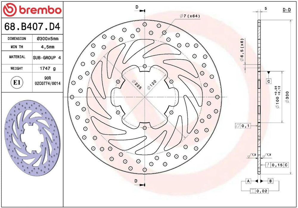 Brembo Oro Prime Line Fixed Brake Disc For Piaggio Beverly 125 I.E. 2012-2013 Front