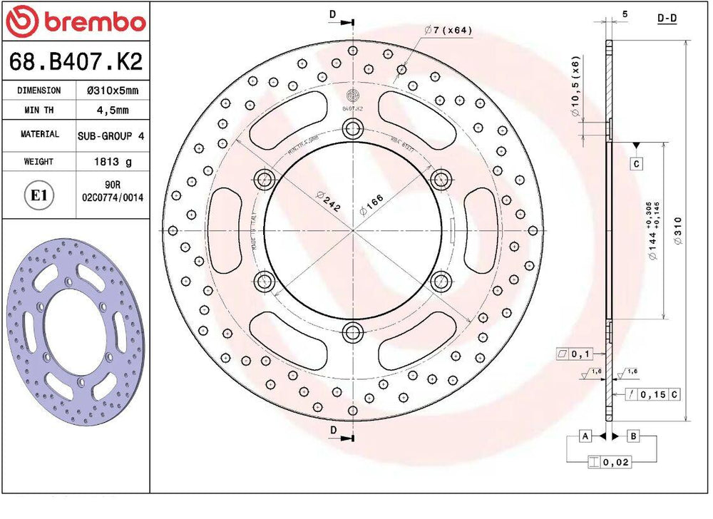 Brembo Oro Prime Line Fixed Brake Disc For Triumph Bonneville 800 2001-2006 Front