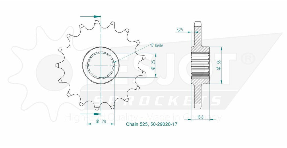 Esjot Standard 525 Sprocket For Aprilia ETV 1000 2001-2005 Front 17T