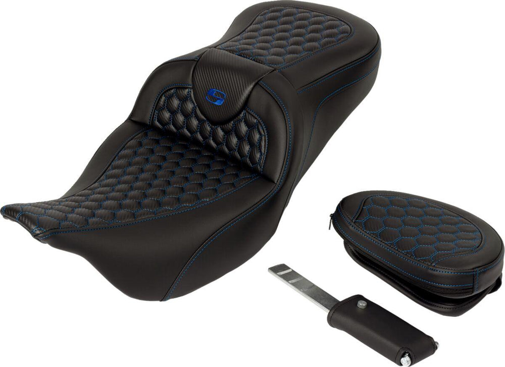 Saddlemen Honeycomb Roadsofa Seat With Backrest For Harley Davidson FLH 1868 2021 - Black/Blue (Driver Seat Length: 39.5 cm)
