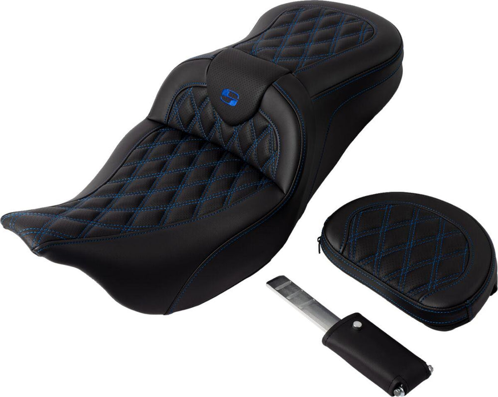 Saddlemen Roadsofa Lattice Stitch Seat For Harley Davidson FLHR 1584 2008 - Black/Blue (Driver Seat Length:38 cm)
