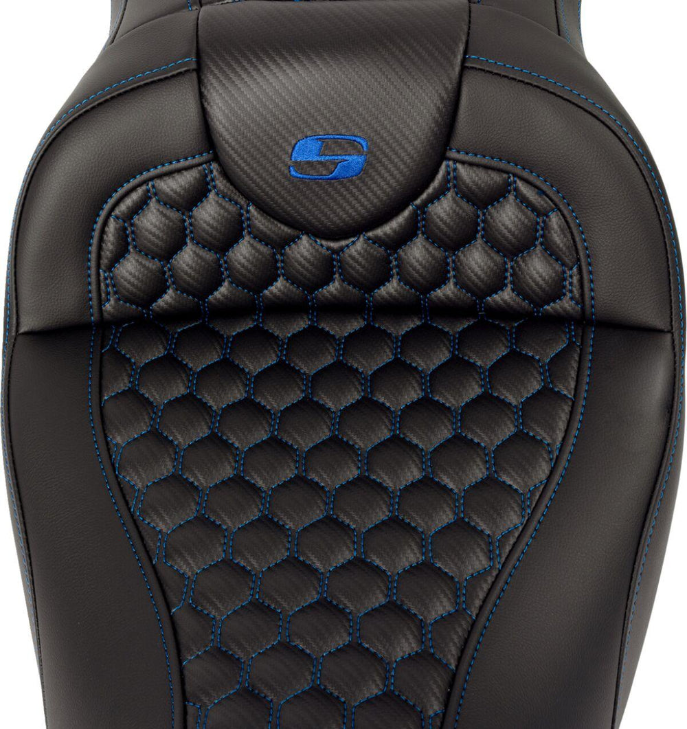 Saddlemen Honeycomb Roadsofa Seat With Backrest For Harley Davidson FLH 1868 2021 - Black/Blue (Driver Seat Length: 39.5 cm)