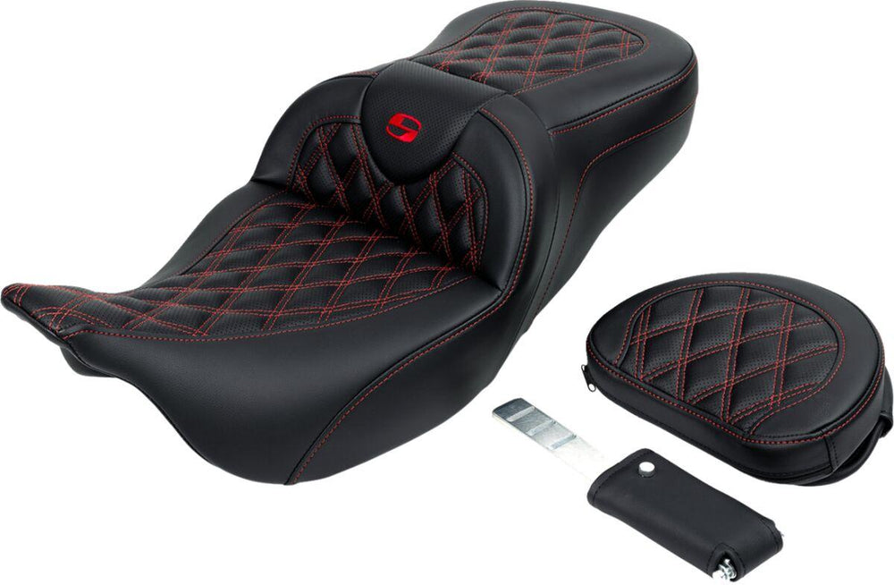 Saddlemen Roadsofa Lattice Stitch Seat For Harley Davidson FLHR 1584 2008 - Black/Red (Driver Seat Length:38 cm)