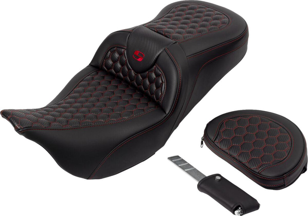Saddlemen Honeycomb Roadsofa Seat With Backrest For Harley Davidson FLH 1868 2021 - Black/Red (Driver Seat Length: 39.5 cm)