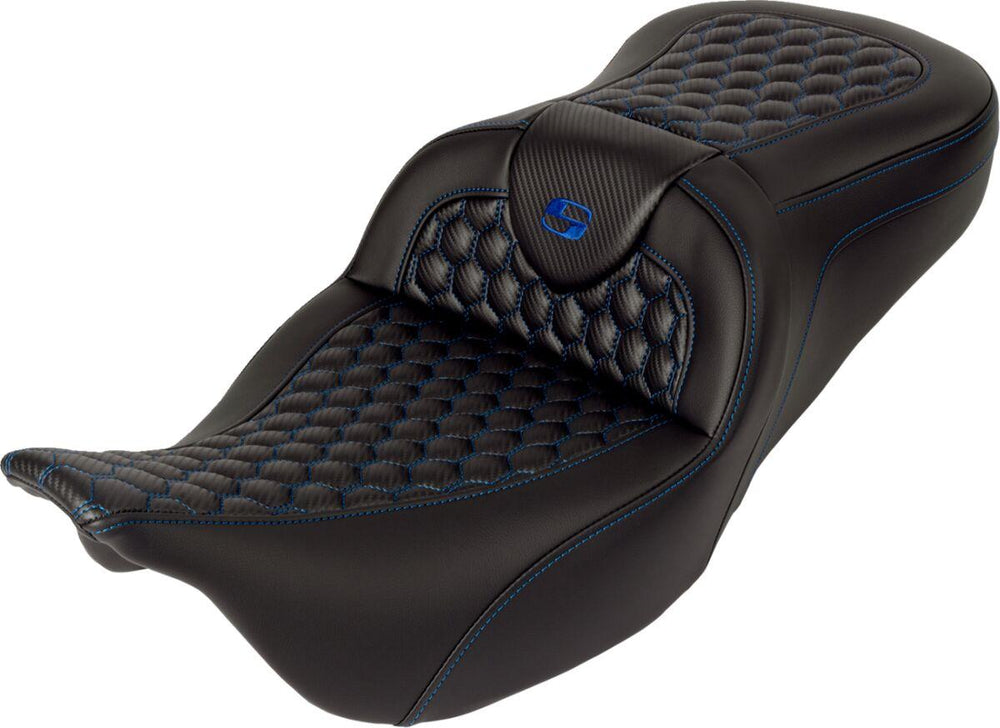 Saddlemen Honeycomb Roadsofa Seat With Backrest For Harley Davidson FLH 1868 2021 - Black/Blue (Driver Seat Length: 39.5 cm)
