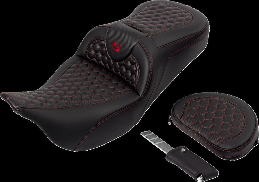 Saddlemen Honeycomb Roadsofa Seat With Backrest For Harley Davidson FLH 1868 2021 - Black/Red (Driver Seat Length: 39.5 cm)
