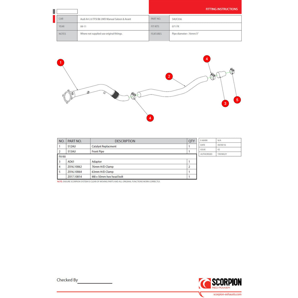 Scorpion Exhaust Downpipe with no Catalyst - Audi A4 B8 2.0 TFSi 2WD Manual 2008 - 2011