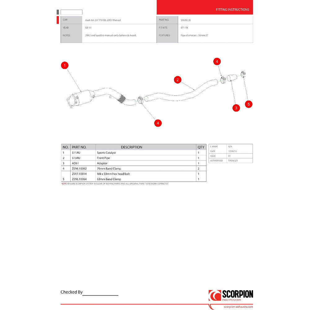 Scorpion Exhaust Downpipe + Sports Cat - Audi A4 B8 2.0 TFSi 2WD Manual 2008 - 2011