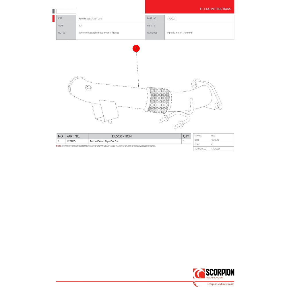 Scorpion Exhaust Downpipe - Ford Focus MK3 ST 250 Hatch & Estate 2012 - 2018