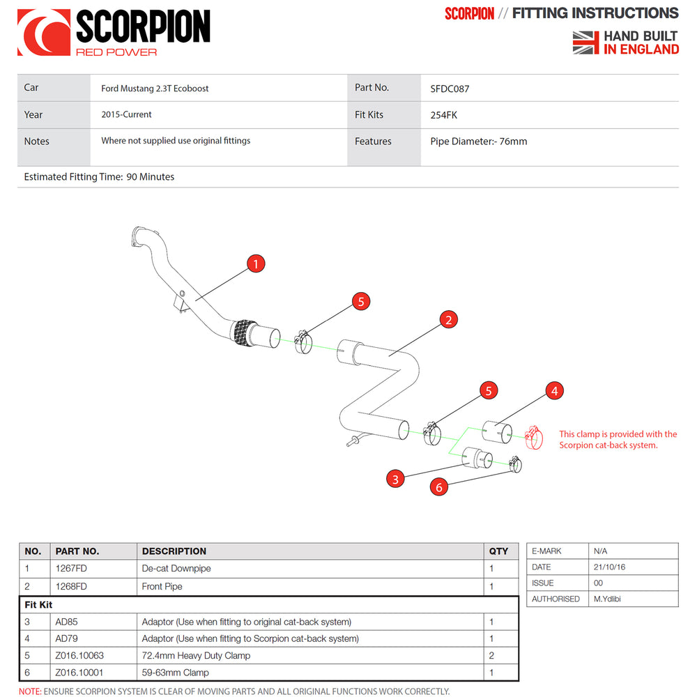Scorpion Exhaust De-Cat Turbo-Downpipe - Ford Mustang 2.3 EcoBoost (Non-GPF Model) 2015 - 2019