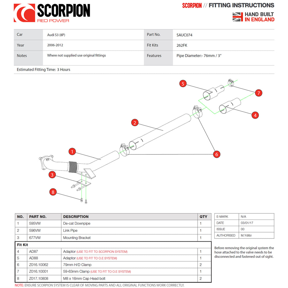 Scorpion Exhaust De-Cat Turbo-Downpipe - Audi S3 8P 2.0T Quattro (3 Door & Sportback) 2006 - 2012