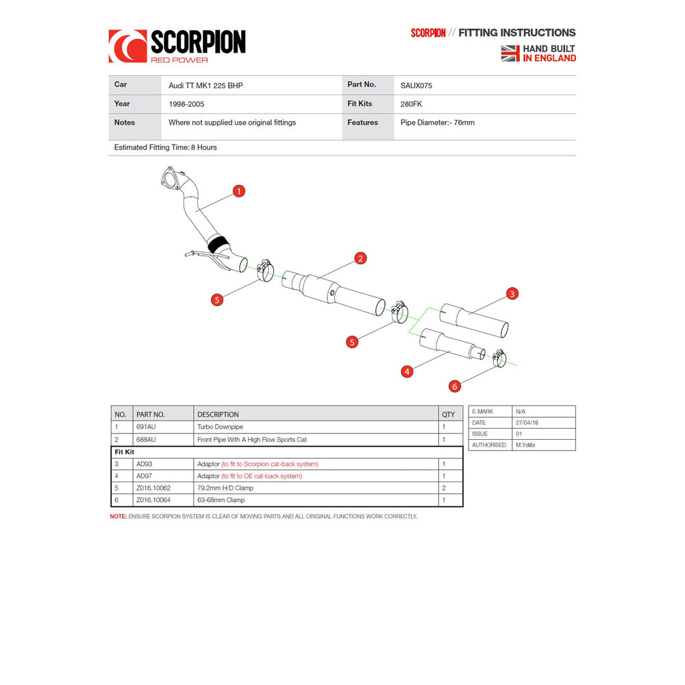 Scorpion Exhaust Turbo-Downpipe + Sports Cat - Audi TT MK1 225BHP Quattro 1998 - 2005